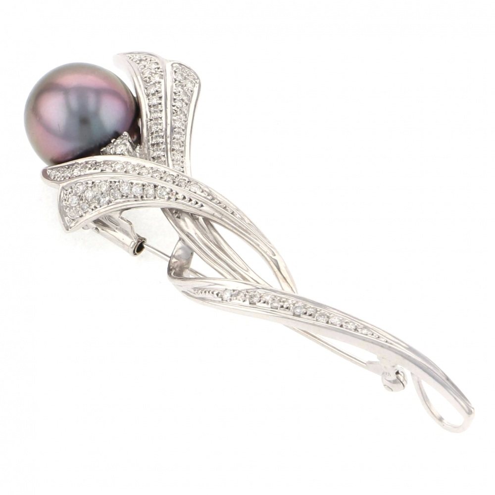 ※Pearl PF-618 K18 White Gold Black Pearl Diamond Pearl Brooch J195665 | Yukizaki