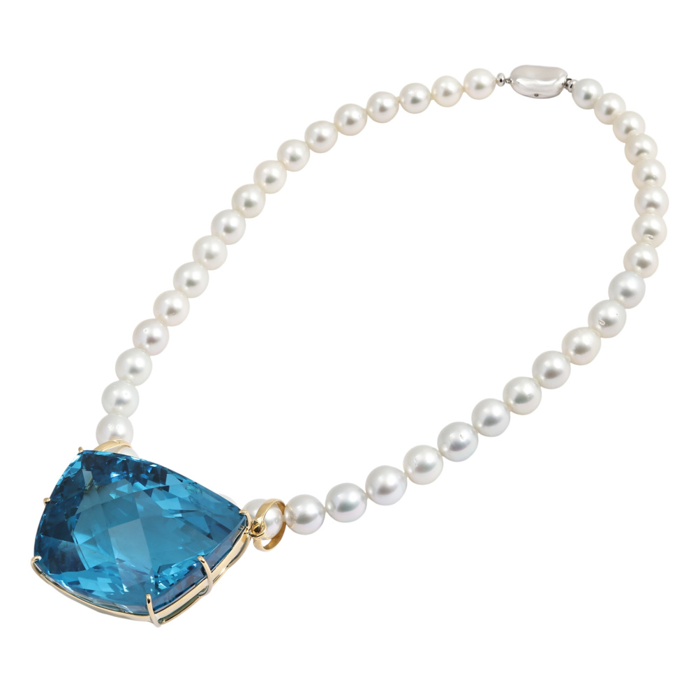 K18イエローゴールド シルバー ブルートパーズ 白蝶パール ネックレス