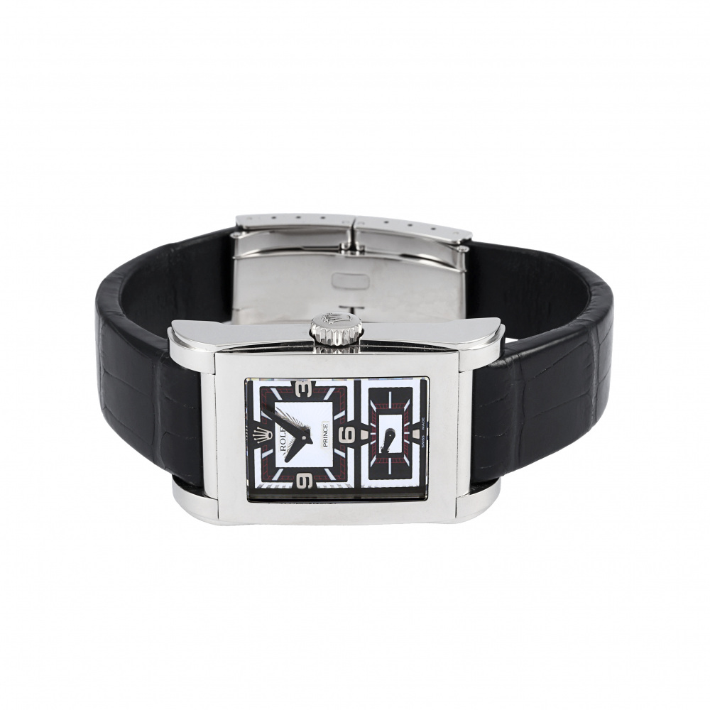ロレックス チェリーニ プリンス 5443/9 D番 K18WG無垢 角型 黒 スモセコ 手巻き メンズ 腕時計 ロレックス チェリーニ プリンス 5443&frasl;9 ブラック×シルバー D番 メンズ