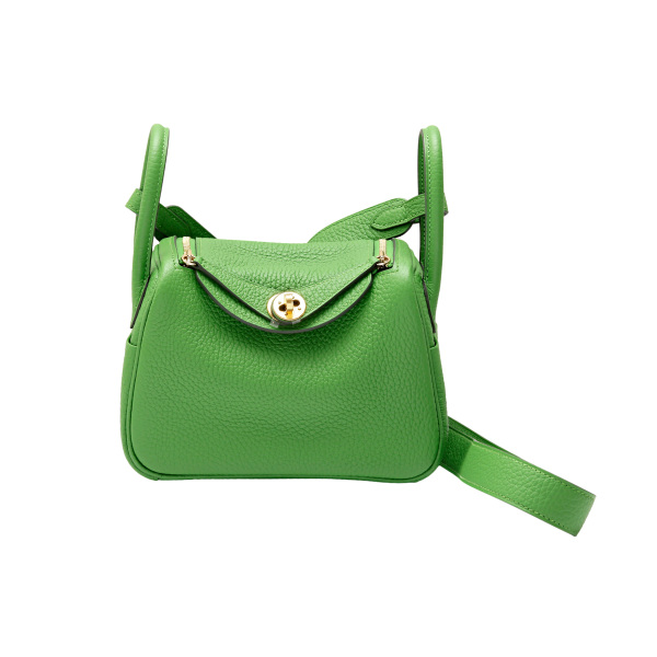 hermes lindy Hermes Lindy mini Taurillon Clemence Vert Yucca Yellow gold metal fittings B engraving 