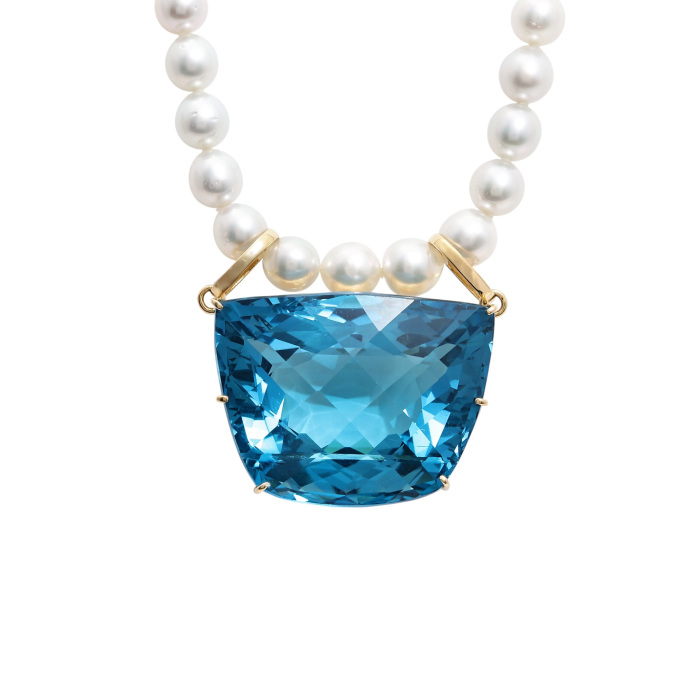 K18イエローゴールド シルバー ブルートパーズ 白蝶パール ネックレス